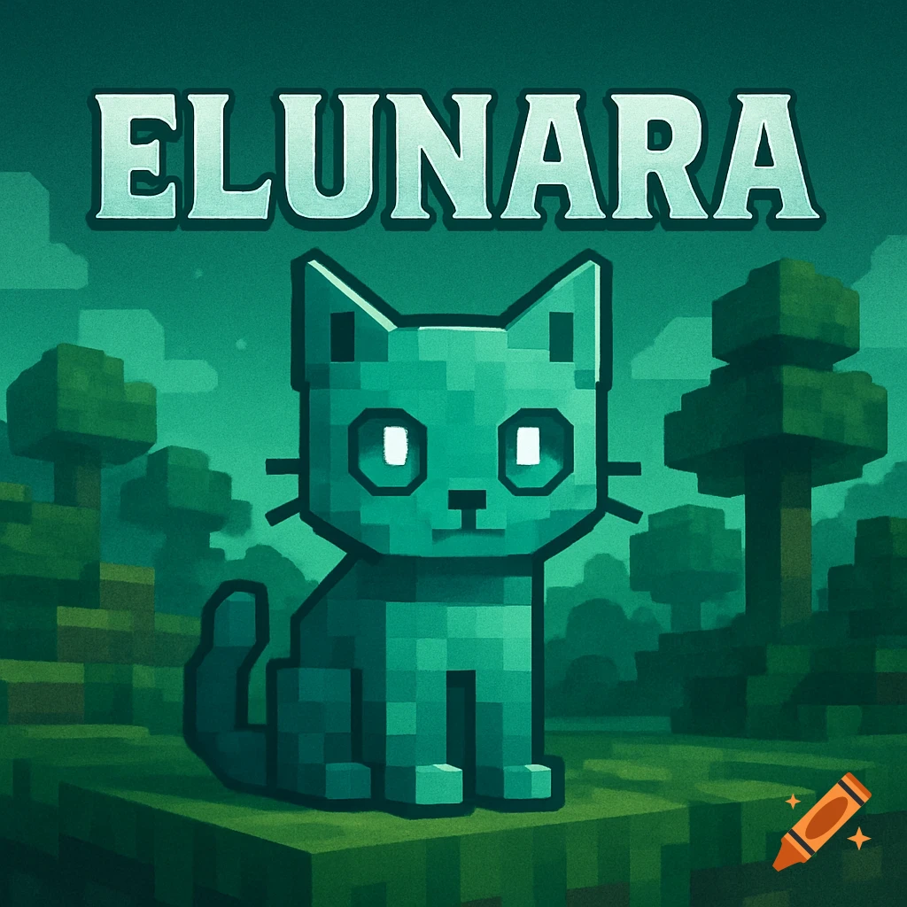 Pixel art logo with a teal blocky cat sitting in a Minecraft-style landscape under the word ELUNARA.