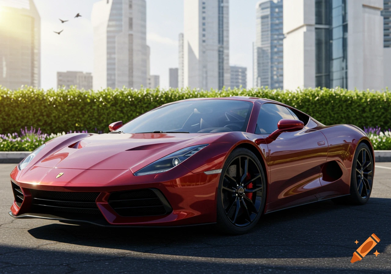 A sleek red supercar is parked on asphalt with modern city buildings and a green hedge in the background under a sunny sky.