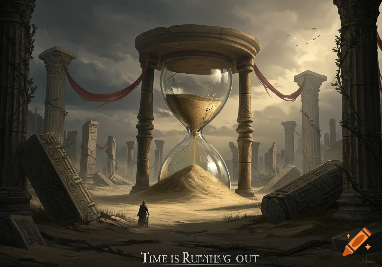 A giant cracked hourglass sits in a desolate desert among ancient ruins under a stormy sky, with a lone figure walking towards it. Text reads 'TIME IS RUNNING OUT'.