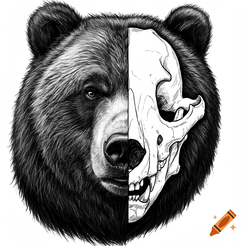 Black and white drawing of a bear head, half living bear and half skull.