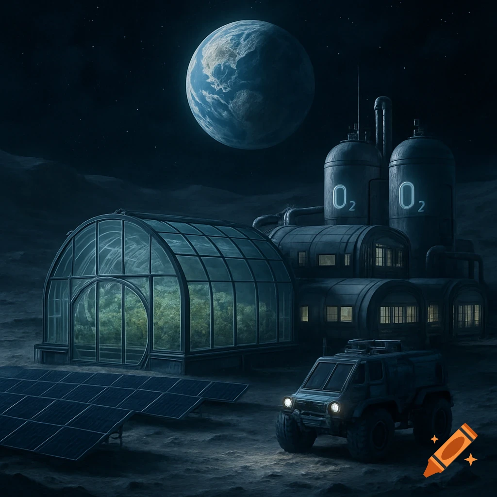 A moon base with a greenhouse, rover, solar panels, and large O2 tanks, all under a vast night sky with Earth in the background.