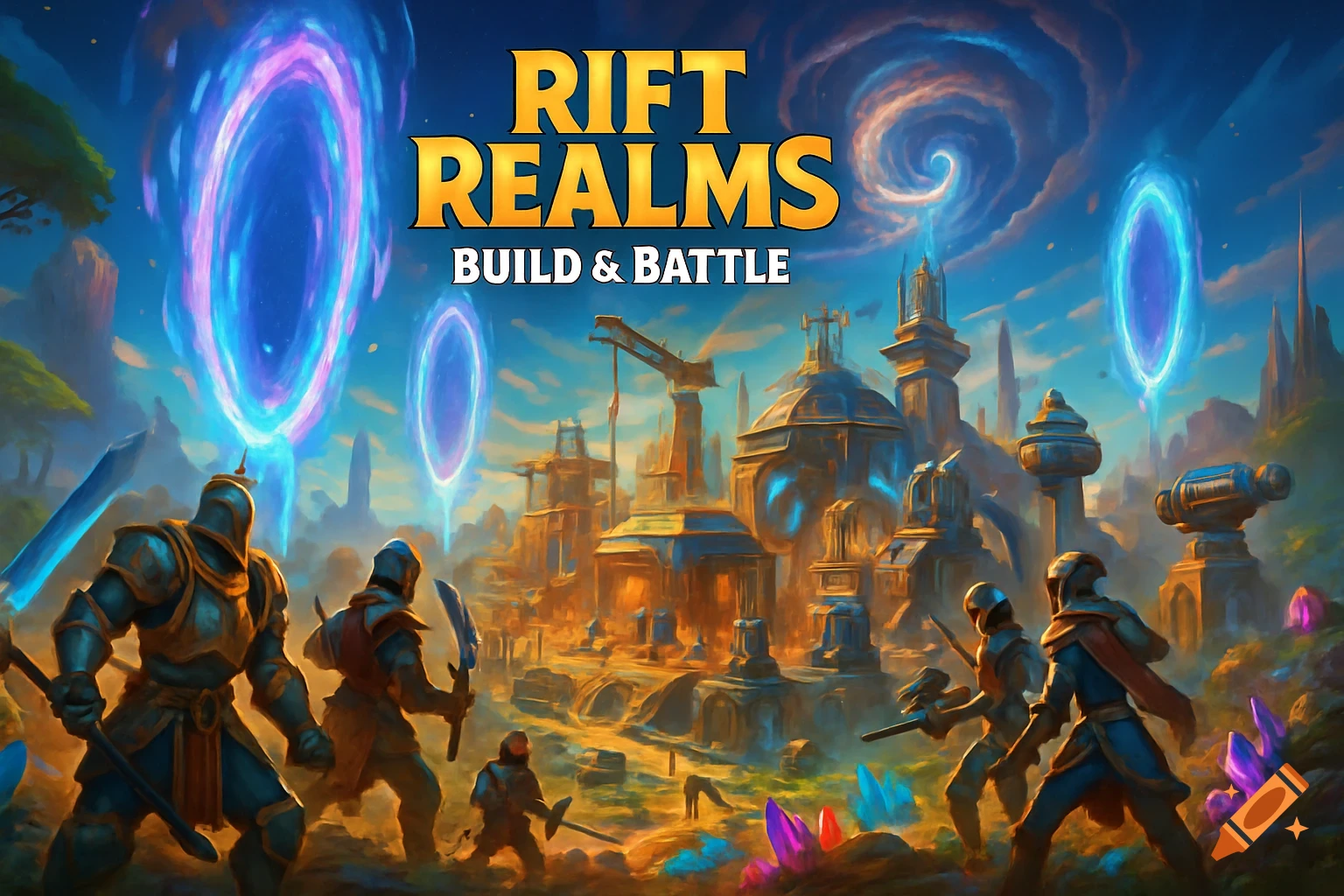 Knights in armor stand before a futuristic fantasy city with glowing blue portals and large crystals. Game title "RIFT REALMS BUILD & BATTLE".
