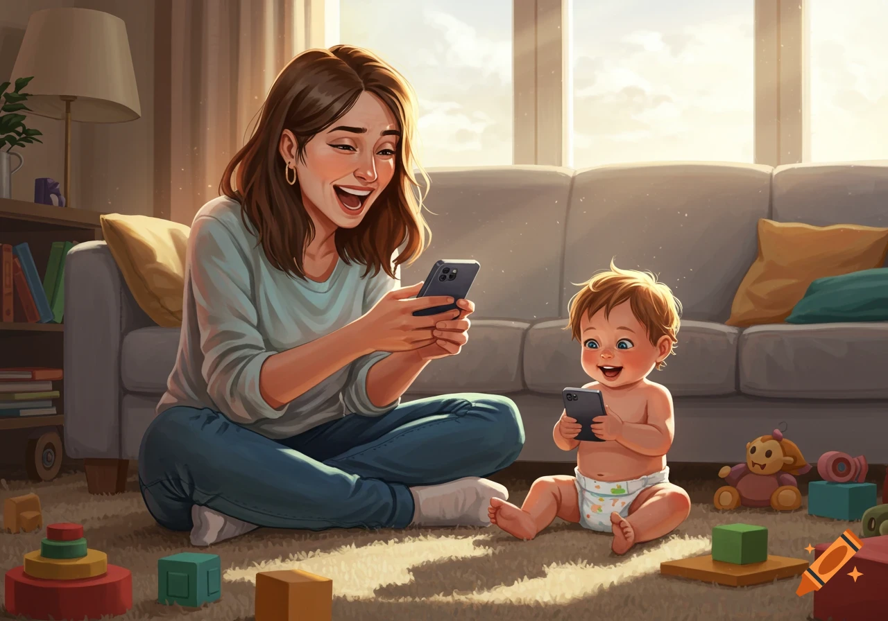 An illustrative image of a smiling mother and a laughing baby sitting on the floor, both looking at cell phones. Toys are scattered around them in a sunny room.