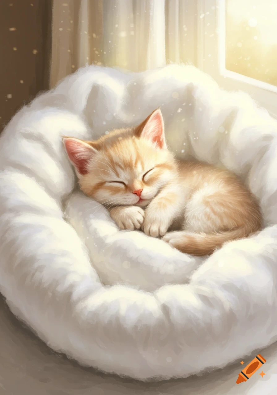 A cute orange tabby kitten sleeps peacefully in a soft, white fluffy bed by a sunlit window, in an illustrative style.