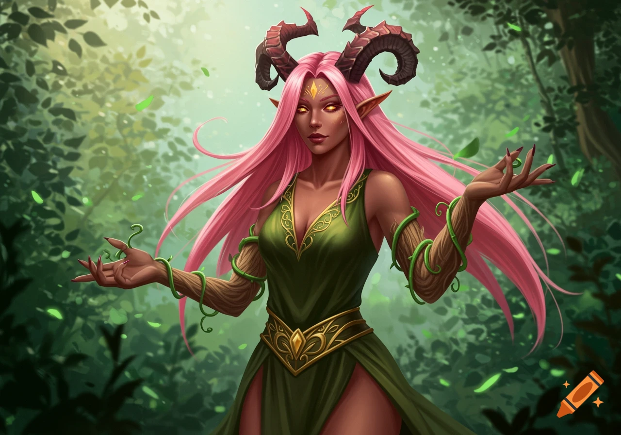 A fantasy character, a female demon healer with pink hair, horns, and tan skin, in an olive green gown, surrounded by a forest. Her arms are covered in vines.