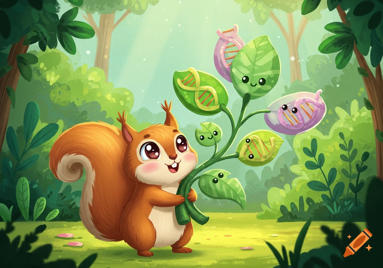 A happy cartoon squirrel holds a plant with leaves depicting DNA strands and smiling faces in a lush forest.