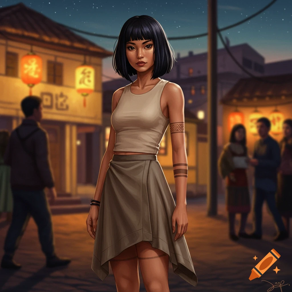 A woman with a blunt bob haircut, tank top, and skirt stands in a street at night with glowing lanterns and blurred figures in the background.