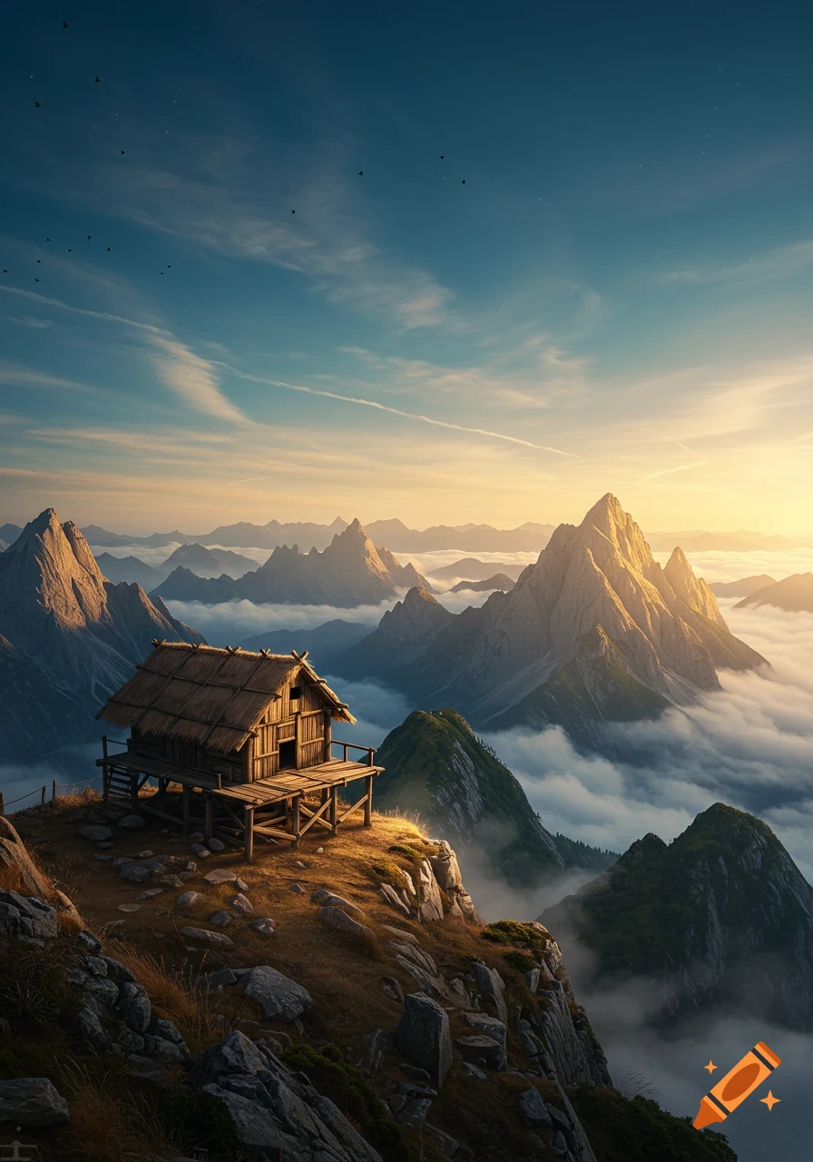 A wooden hut on a mountain peak overlooking a vast landscape of cloud-filled valleys and sunlit mountains at sunset.