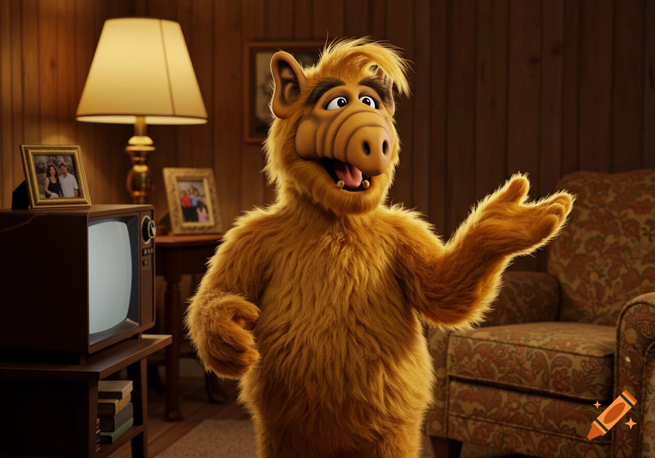 A photorealistic image of Alf, the furry brown alien, standing in a cozy living room with a vintage TV and lamp, gesturing with one hand.