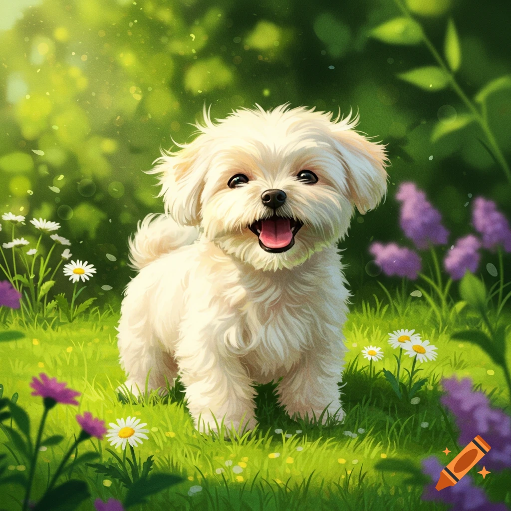 A white fluffy puppy with a big smile sitting in a sunny green field surrounded by daisies and purple flowers, digital art.