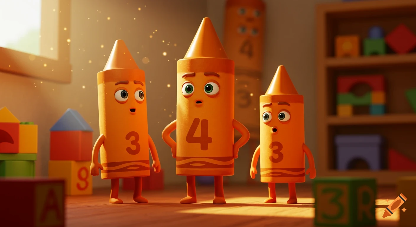 Three orange crayon characters, one with a 4, two with 3s, stand in a playroom with building blocks. The background crayon is blurred.
