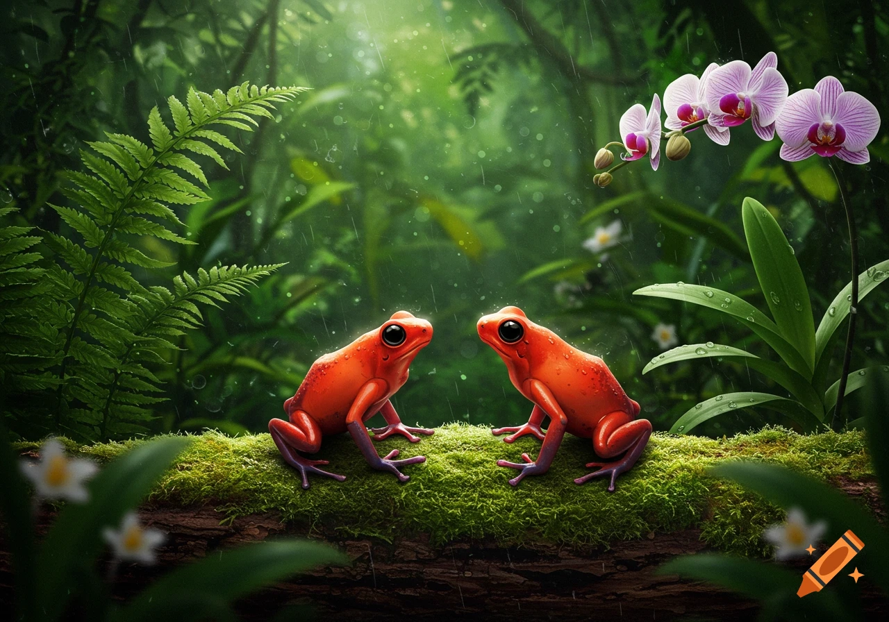 Two vibrant red poison dart frogs with black eyes sit on a mossy log in a lush green rainforest, with orchids and ferns, as light rain falls.