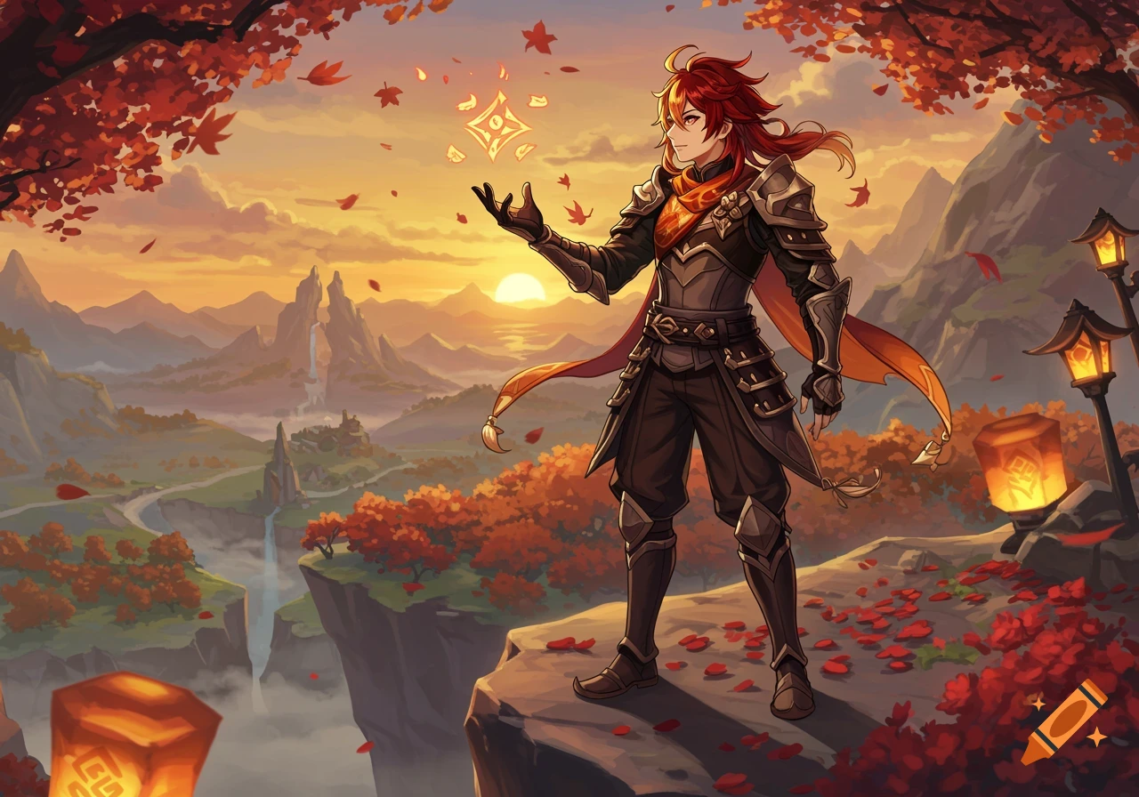 Anime-style male character with red hair in fantasy armor on a cliff at sunset, holding a glowing orb with autumn leaves.