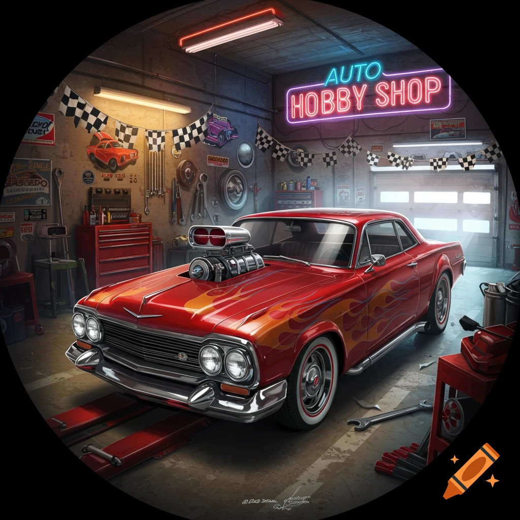 A red hot rod car with flames on the hood, parked inside a detailed garage with a neon sign that says "AUTO HOBBY SHOP".