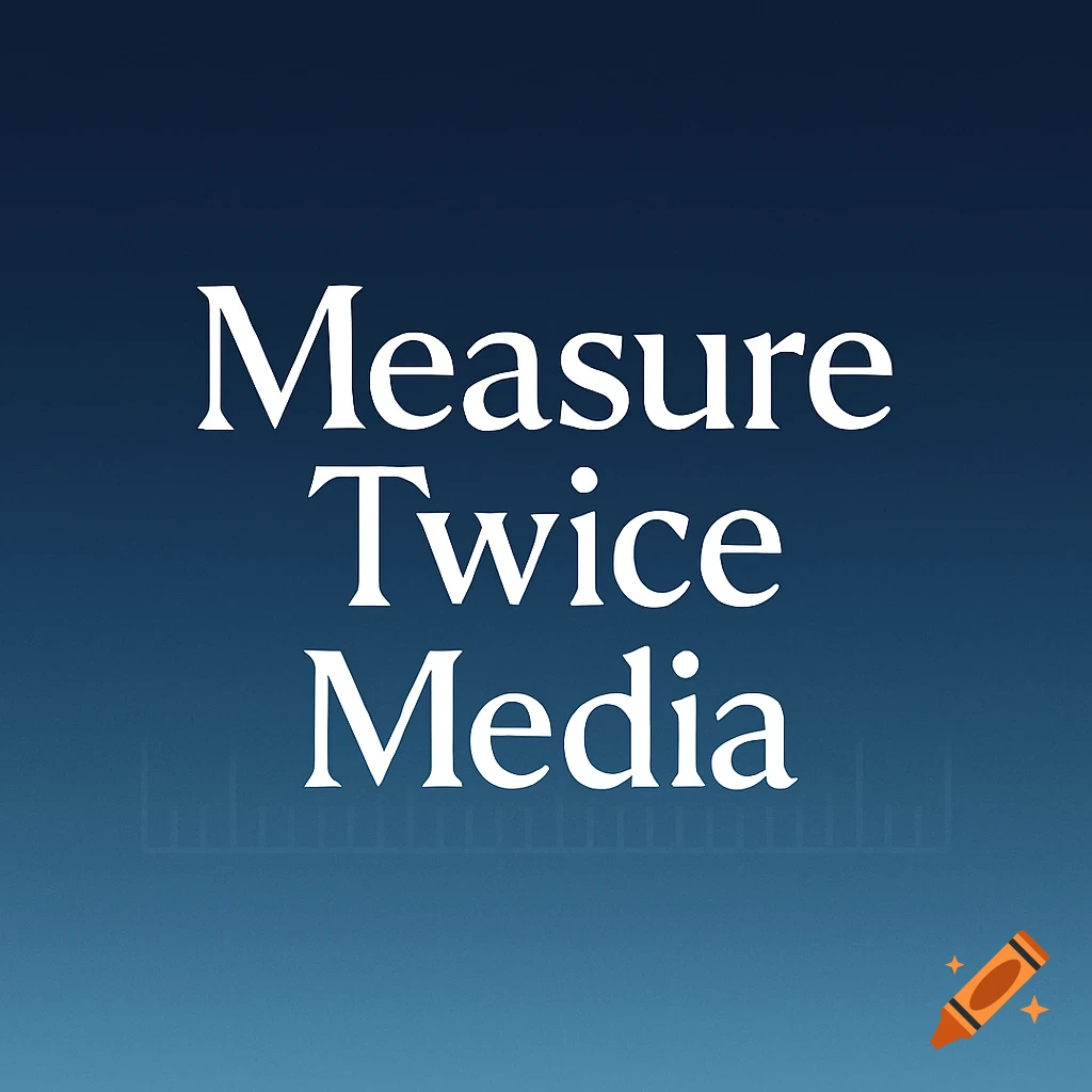 White text 'Measure Twice Media' on a blue gradient background with faint graph lines.