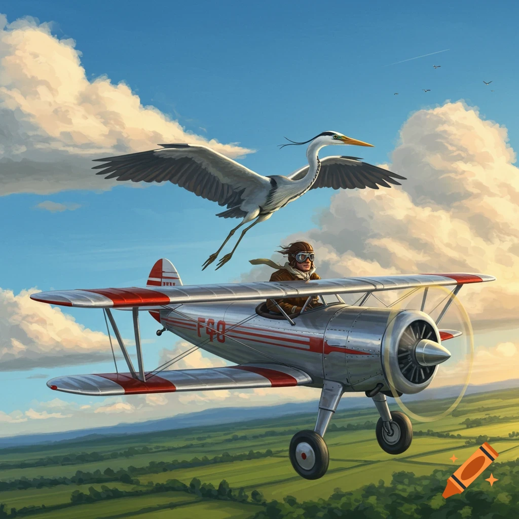 A pilot in a silver biplane flies through a blue sky alongside a large heron, over green fields. Painted illustration.
