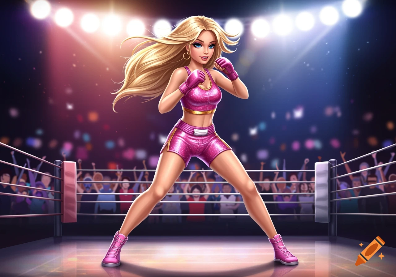 A cartoon woman, resembling a Barbie doll, in pink boxing attire and gloves, standing in a boxing ring with a blurred crowd in the background.