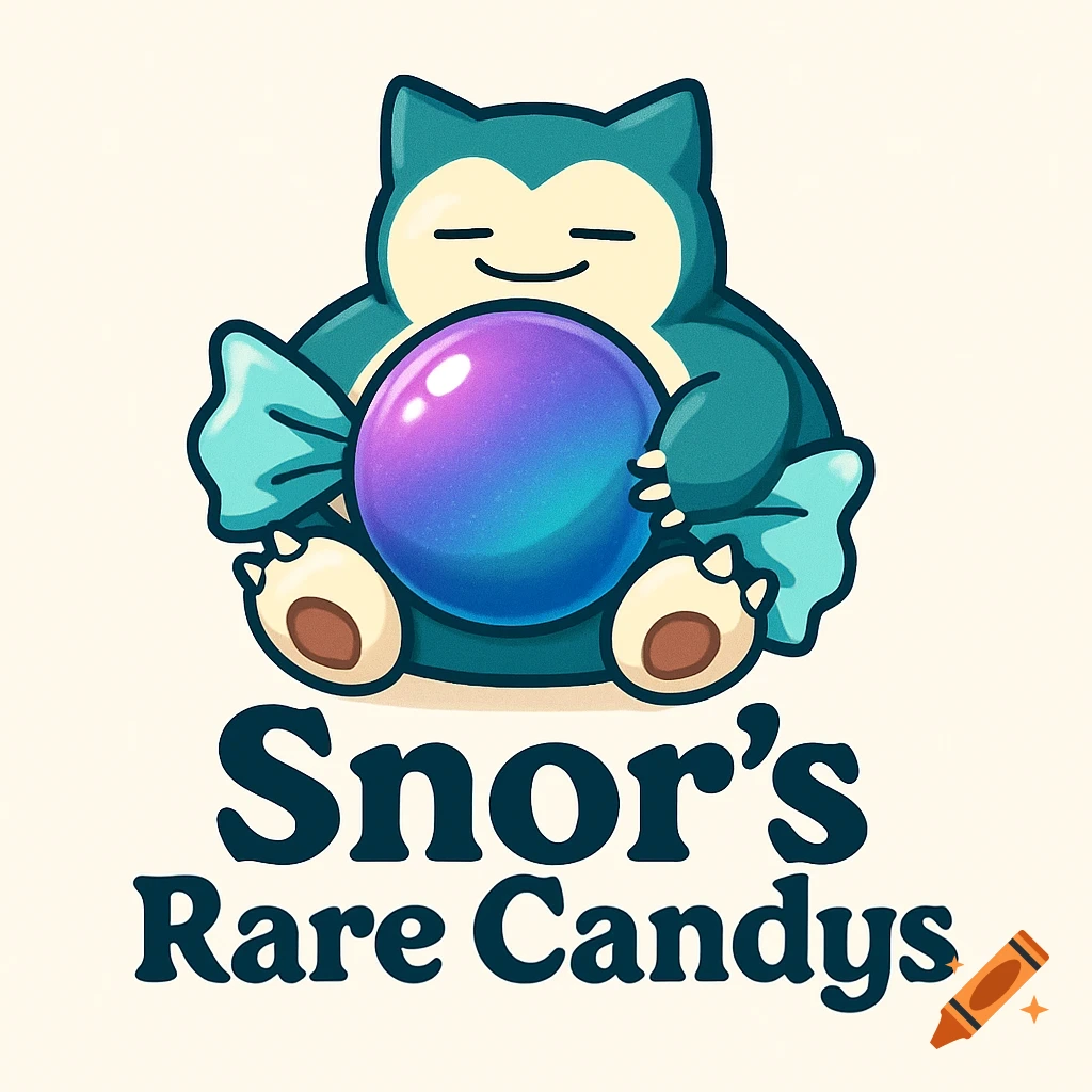 A cartoon Snorlax sits holding a large, glowing purple and blue candy, with the words 'Snor's Rare Candys' below it on a cream background.