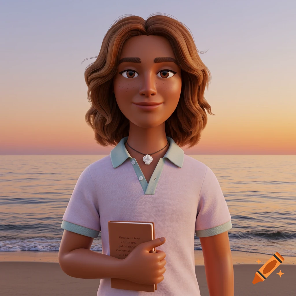 A 3D avatar of a person with warm skin and wavy hair, wearing a pastel polo shirt and seashell necklace, holding a book, on a beach at sunset.