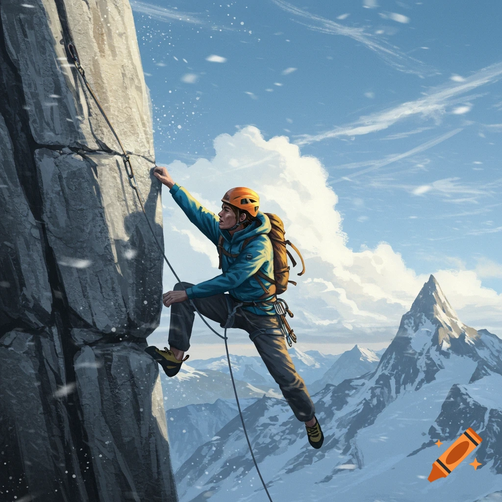 A mountain climber in a blue jacket and orange helmet scales a steep, rocky cliff with snow-capped mountains in the background under a blue sky.