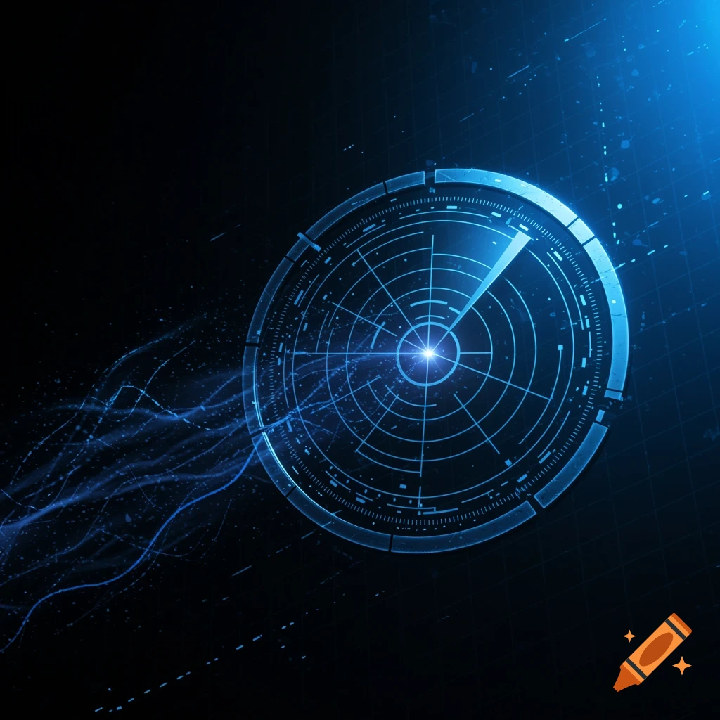 A glowing blue radar screen with radiating lines and light particles on a dark background.