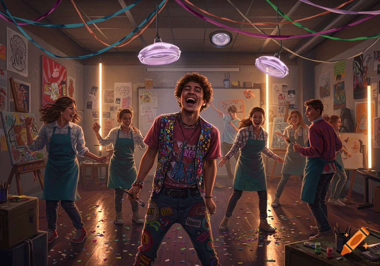 A group of diverse, laughing teenagers dances and celebrates in a vibrant art studio filled with paintings and confetti.