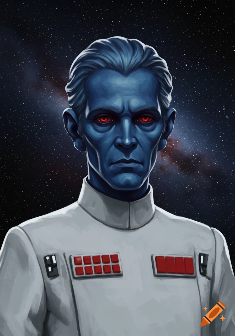 A digital portrait of Grand Admiral Thrawn, a blue-skinned man with red eyes, wearing a white Imperial uniform against a starry background.