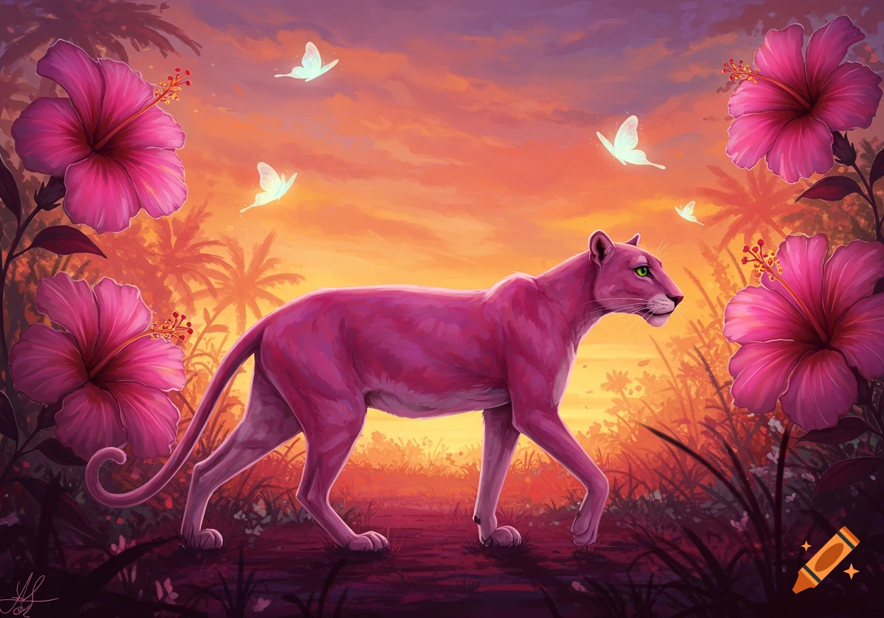 A pink panther with green eyes walks through a vibrant jungle with large pink hibiscus flowers and glowing white butterflies against an orange and purple sunset.