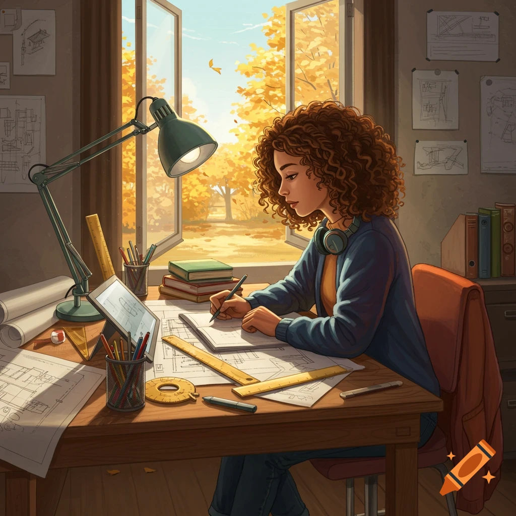 A young woman with curly hair drawing designs at a desk by an open window looking out onto an autumn landscape, in an illustrated style.
