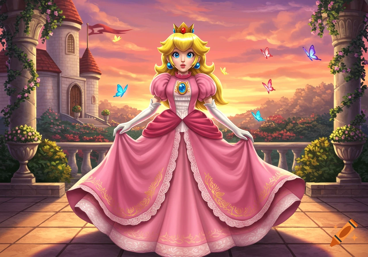 Princess Peach stands on a patio in front of a castle at sunset, holding her pink dress, with butterflies flying around her. Digital art.