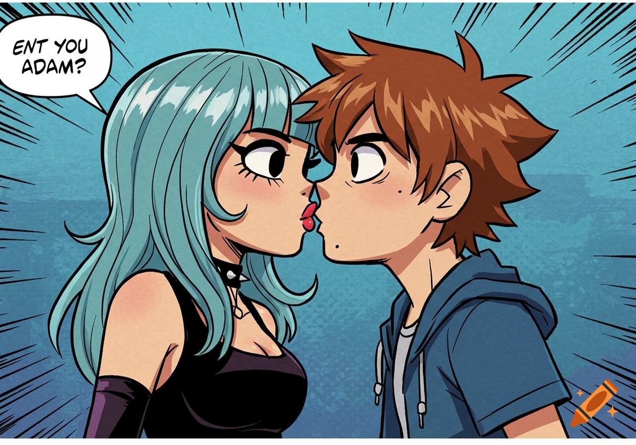 A cartoon woman with blue hair and a choker kisses a brown-haired man in a hoodie, in the style of Scott Pilgrim comics.