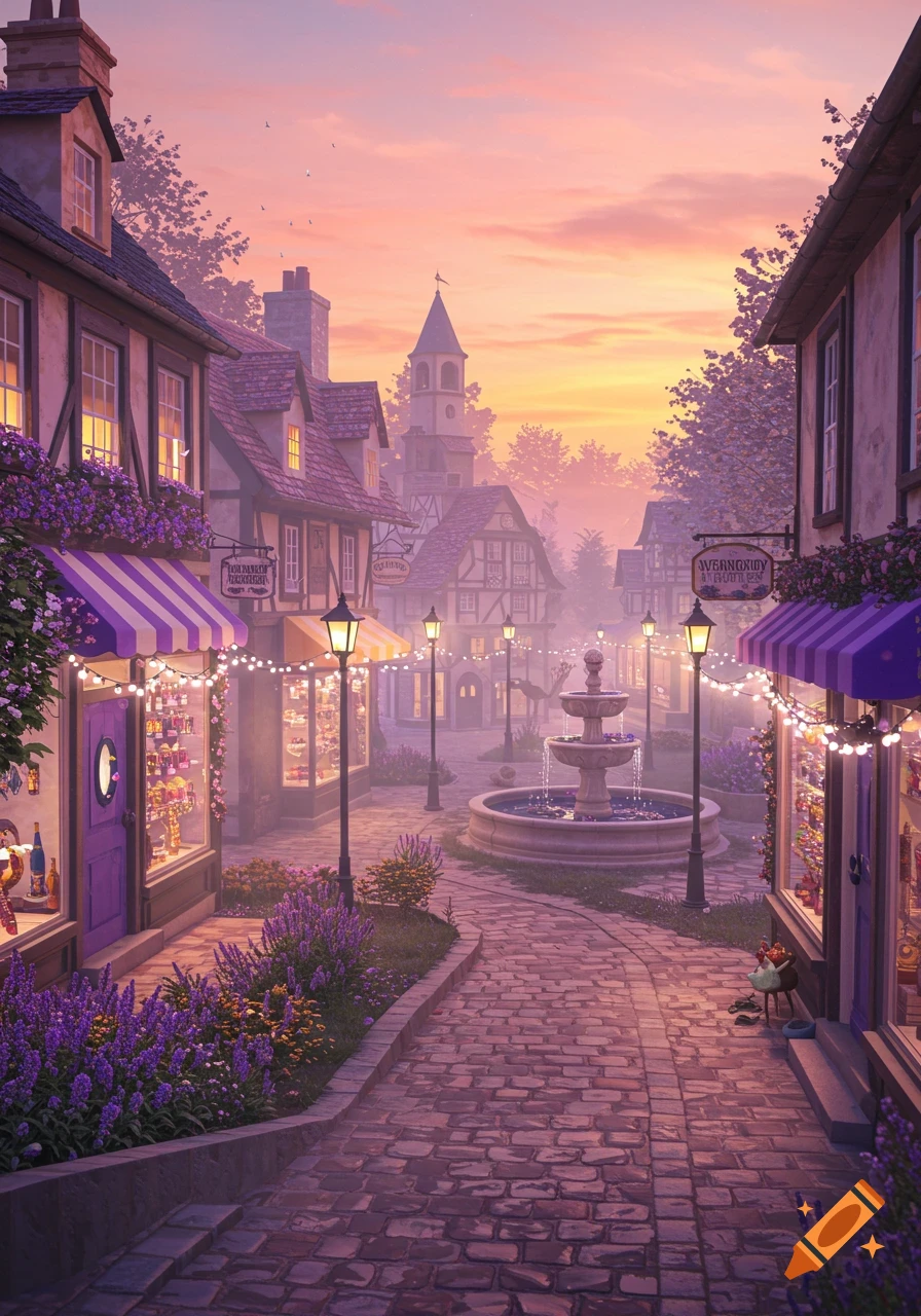A fairytale village street at sunset, with purple flowers, quaint shops, a fountain, and lampposts under a pink and orange sky.