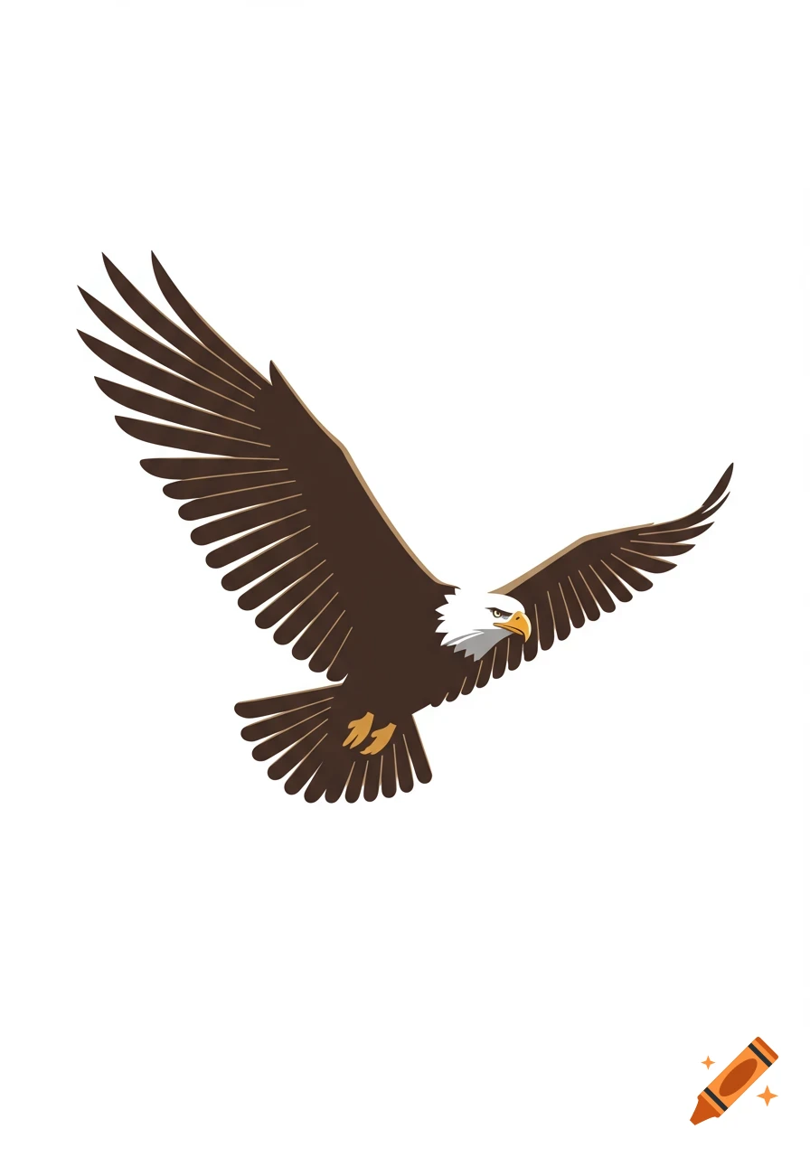 A stylized brown and white eagle with wings spread, flying against a white background.