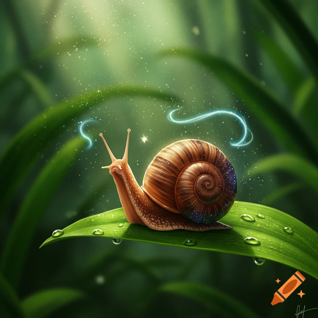A snail with a starry brown shell on a dew-covered green leaf, surrounded by glowing magical light and sparkling dust in a lush forest.