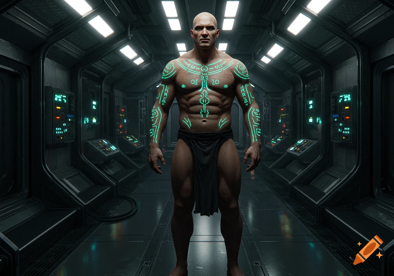 A muscular bald man with glowing green sci-fi tattoos stands in a futuristic spaceship corridor.