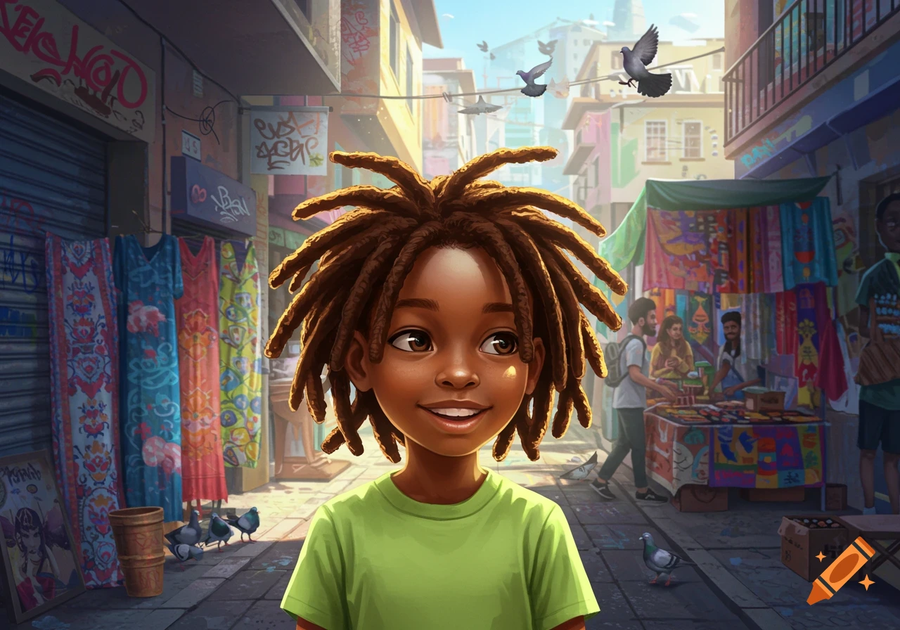 An illustration of a smiling Black child with dreadlocks standing in a vibrant, bustling street market filled with stalls, clothing, and pigeons.