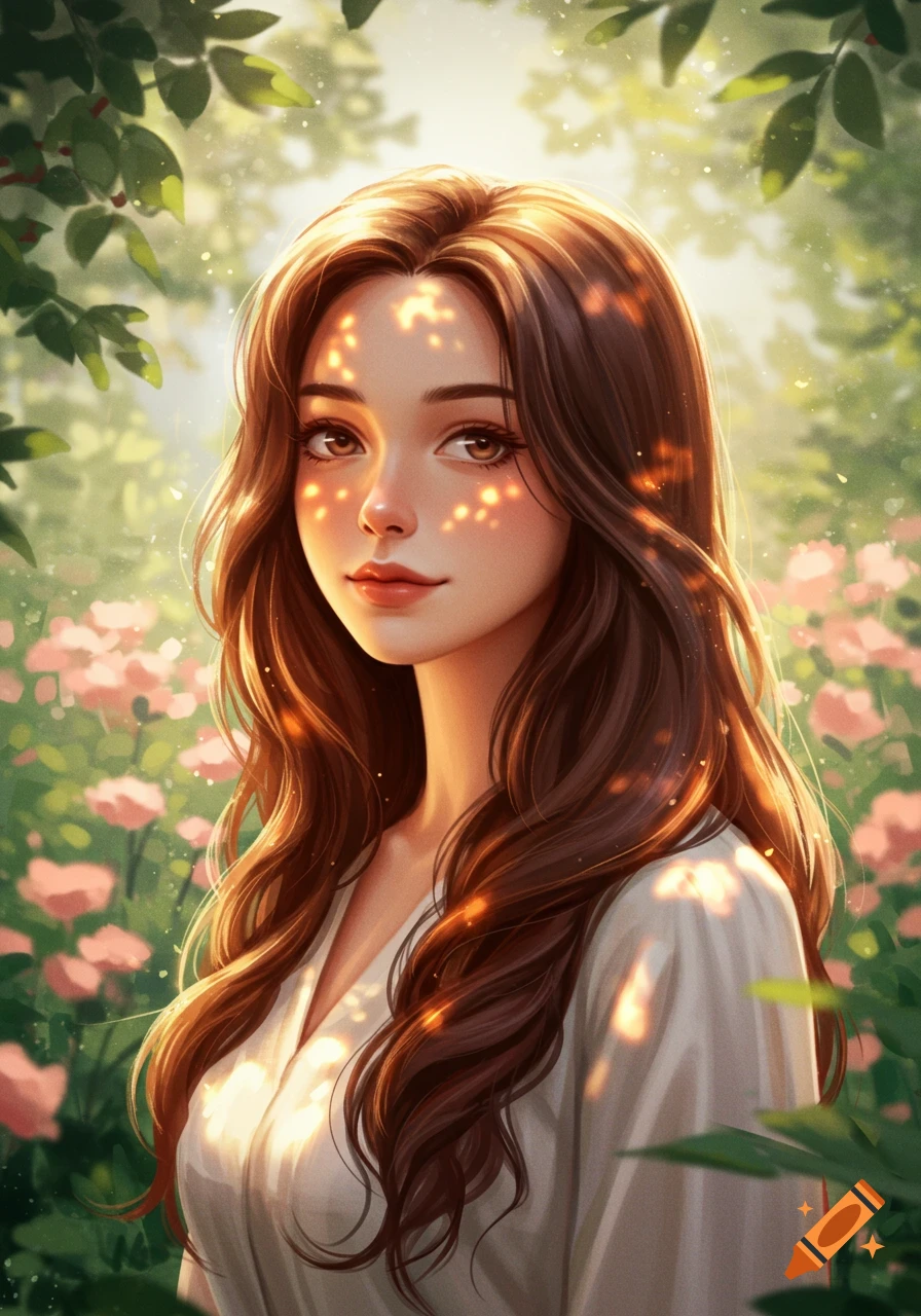 Digital art portrait of a young woman with long brown hair in a sunny, flower-filled garden.