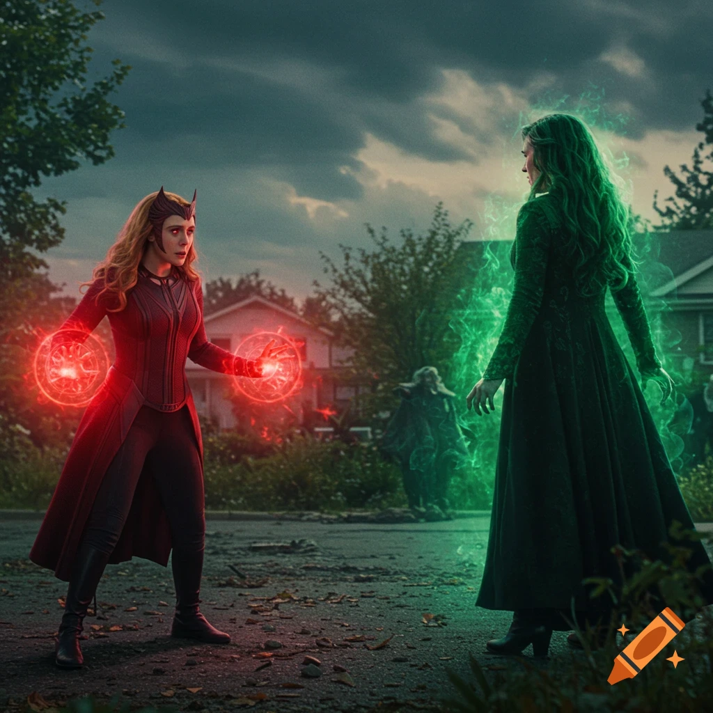 Wanda Maximoff with red magic faces a green-haired figure with green magic on a suburban street.