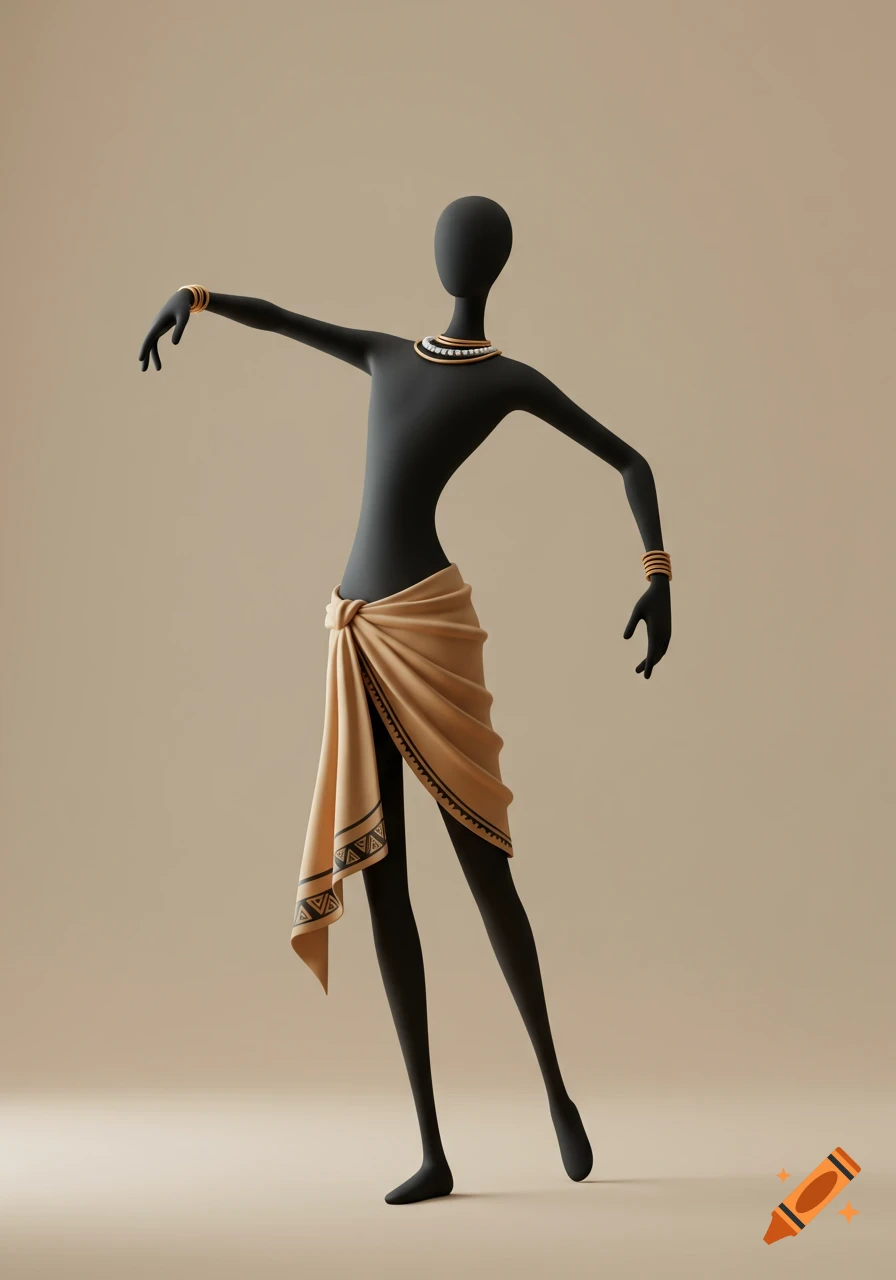 A minimalist black humanoid figure with gold jewelry and a beige patterned sarong stands on a light background.