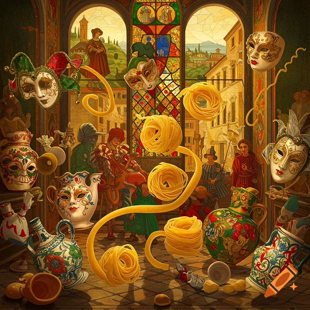 A surreal still life featuring Venetian masks, floating pasta, and decorative Italian pottery against a backdrop of Renaissance architecture and stained glass.