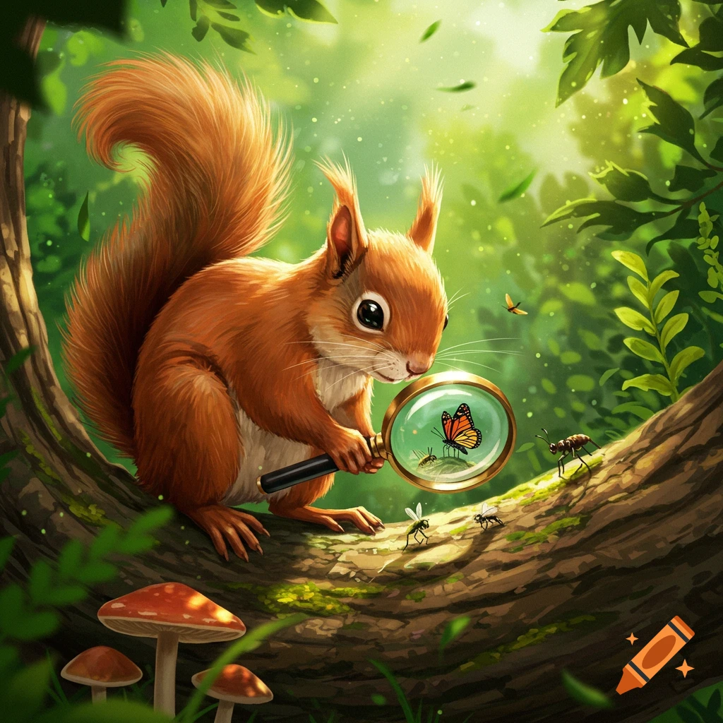 An illustrative image of a cute brown squirrel on a tree branch in a lush forest, holding a magnifying glass to observe a butterfly and ants.