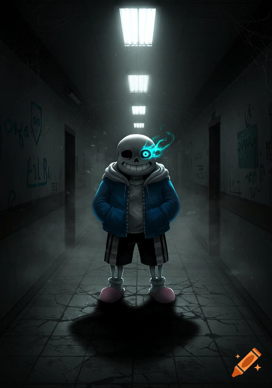 Sans the Skeleton with a glowing blue eye stands in a dark, grimy hallway lit by fluorescent lights, casting a large shadow.