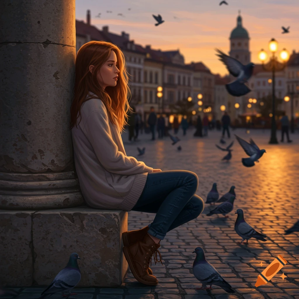 A young woman with long red hair leans against a stone pillar in a city square at sunset, surrounded by pigeons.