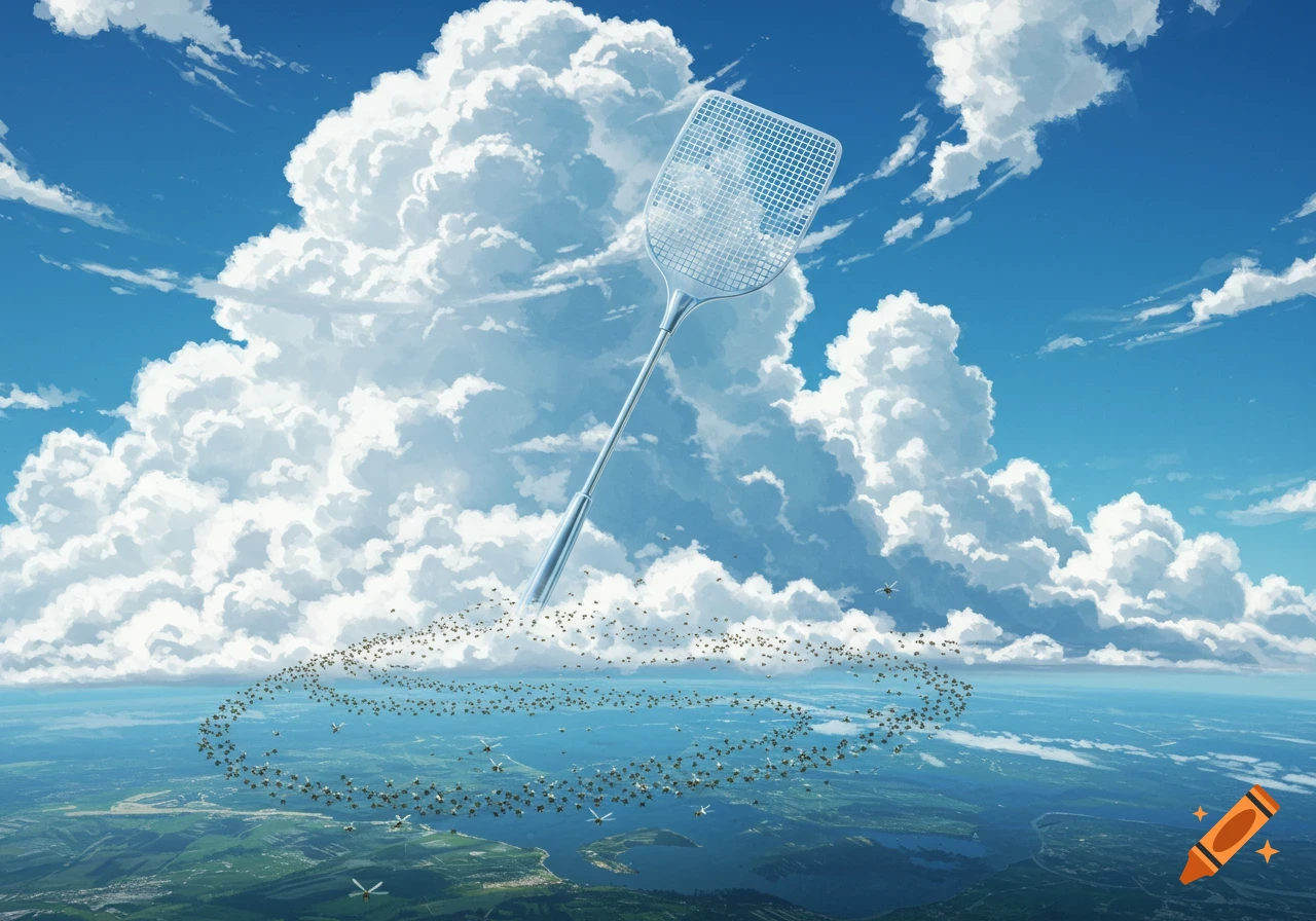 A giant flyswatter descends from a blue sky with fluffy clouds, poised above a swirling swarm of tiny insects over a landscape.