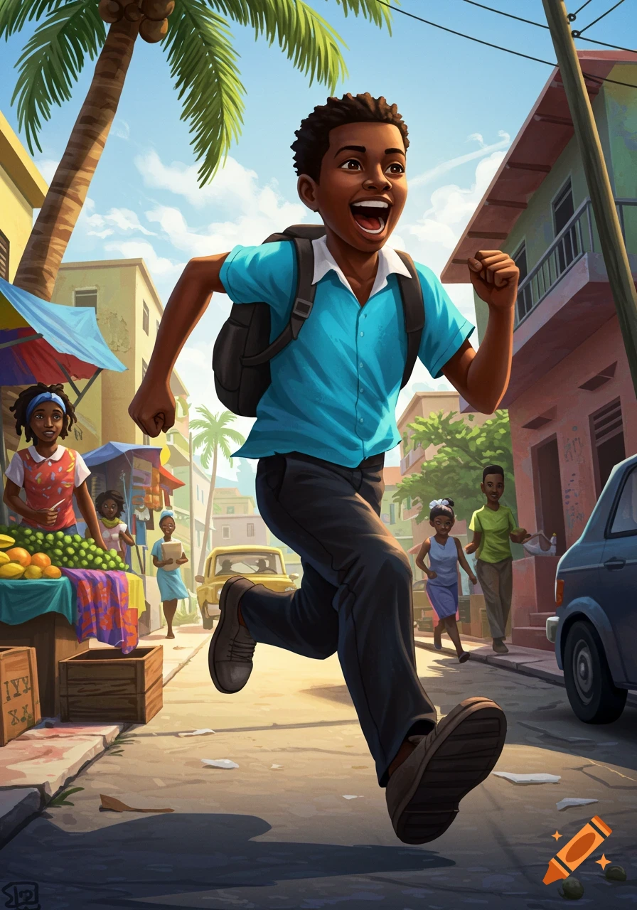 An excited Black boy with a backpack runs down a bustling, sunlit street past a fruit stand and other pedestrians in a colorful illustration style.