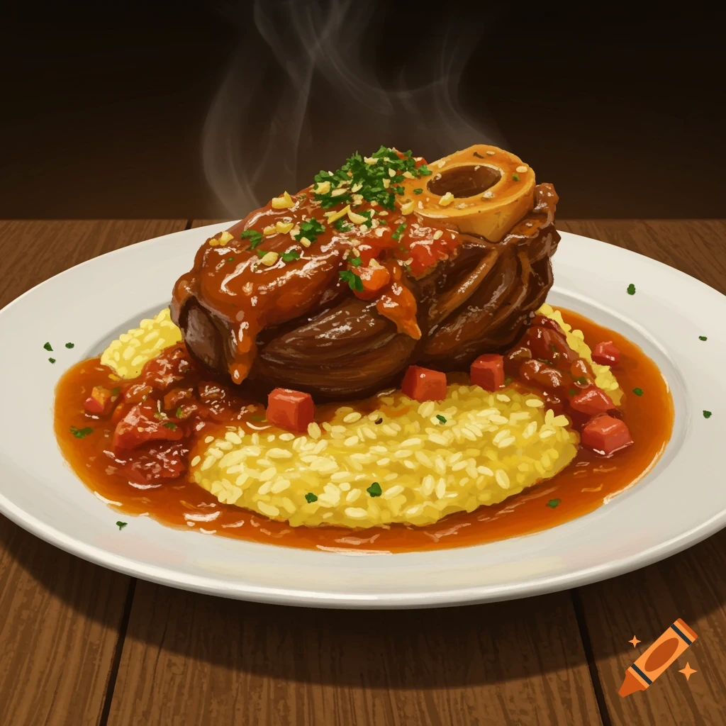 A steaming plate of Osso Buco with bone marrow on yellow risotto with tomato sauce, garnished with herbs and diced vegetables.