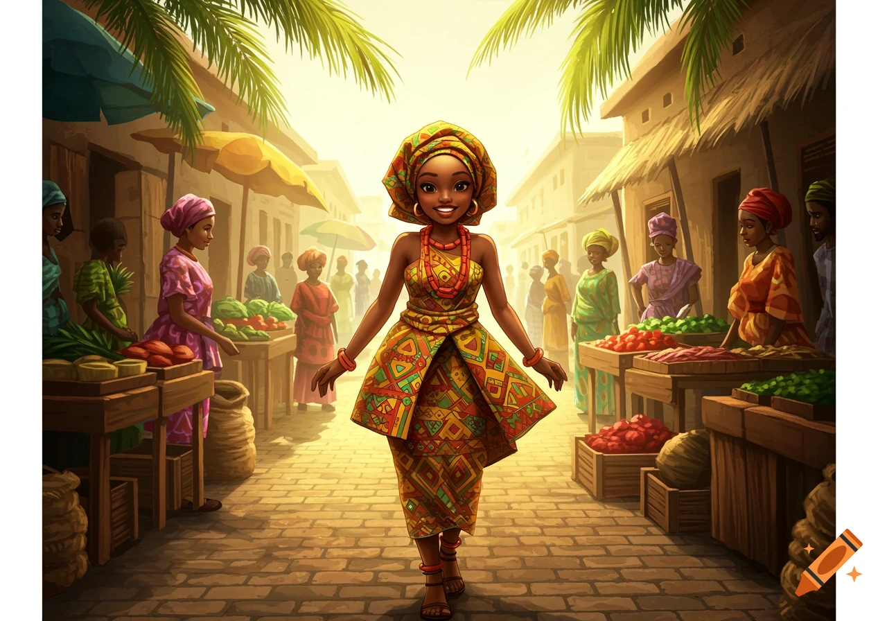 A stylized illustration of a happy, traditionally dressed Nigerian girl walking through a bustling outdoor market.