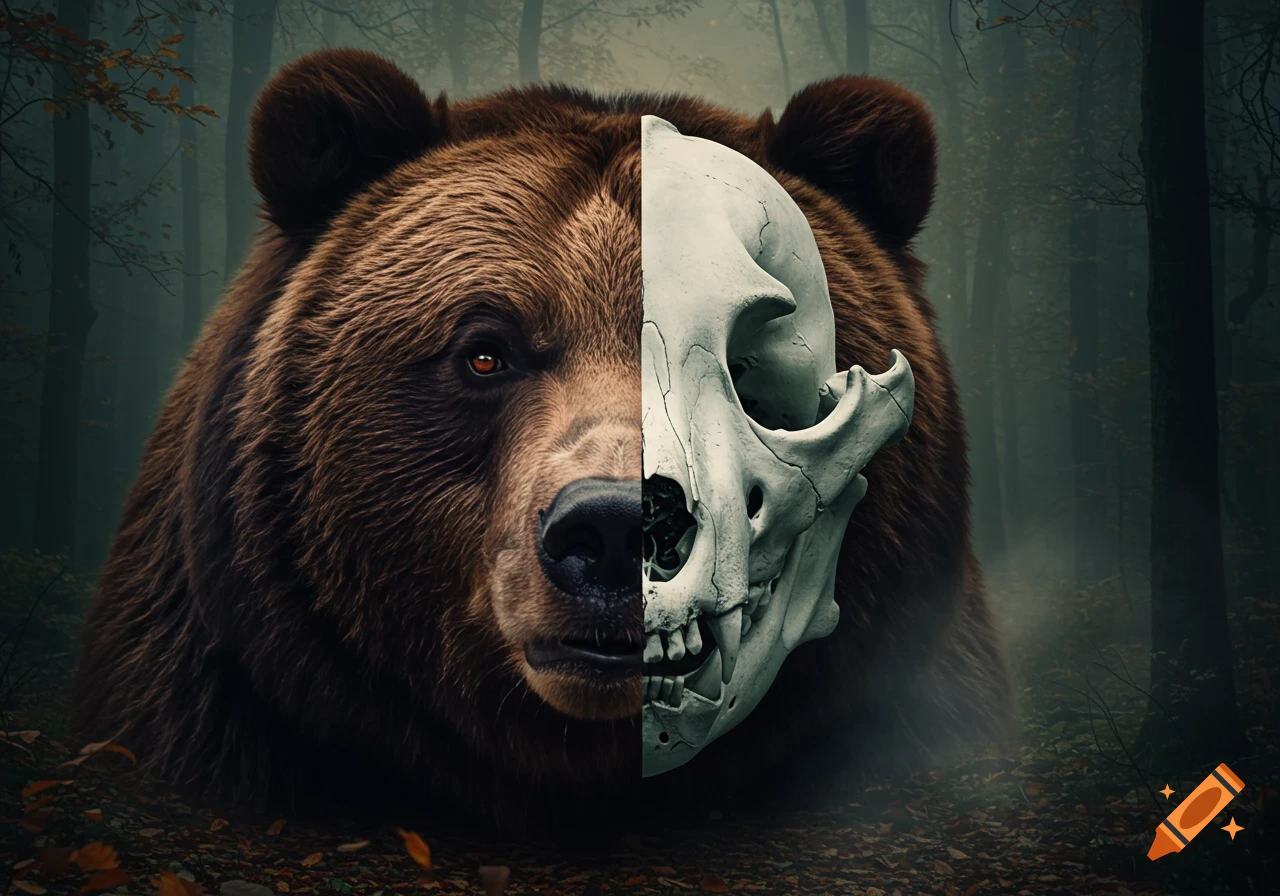 Photorealistic image of a bear's head split, one side a brown bear, the other a white skull, in a dark forest.