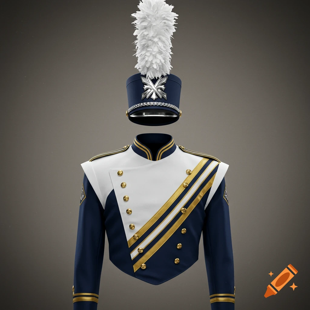 A dark blue marching band uniform with white accents, gold trim, buttons, and a tall white plumed hat.