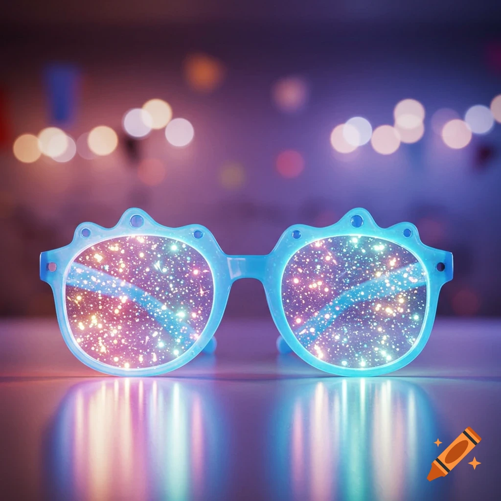 A pair of glowing blue glasses with sparkling, multi-colored light reflections in the lenses, against a blurry bokeh background.